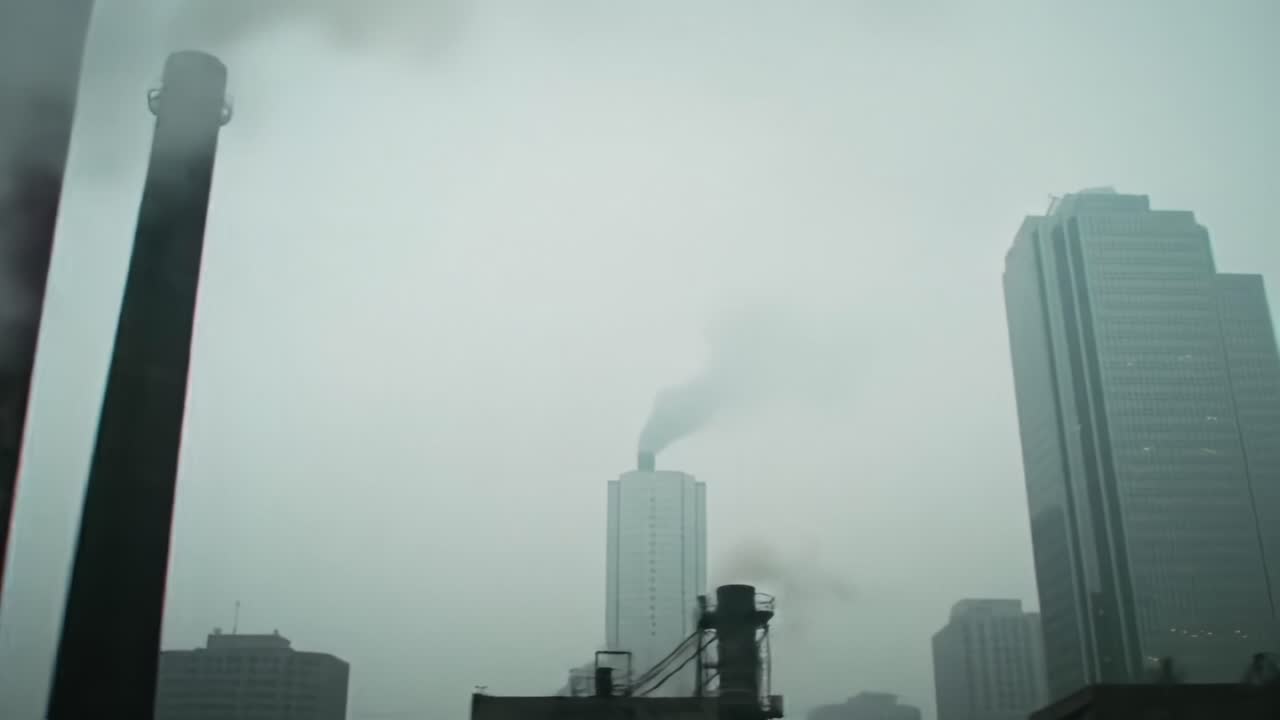 Aerial Perspective of an Urban Landscape with Emissions: A View of Skyscrapers Shrouded in Fog and Smokestacks Releasing Pollution into the Atmosphere