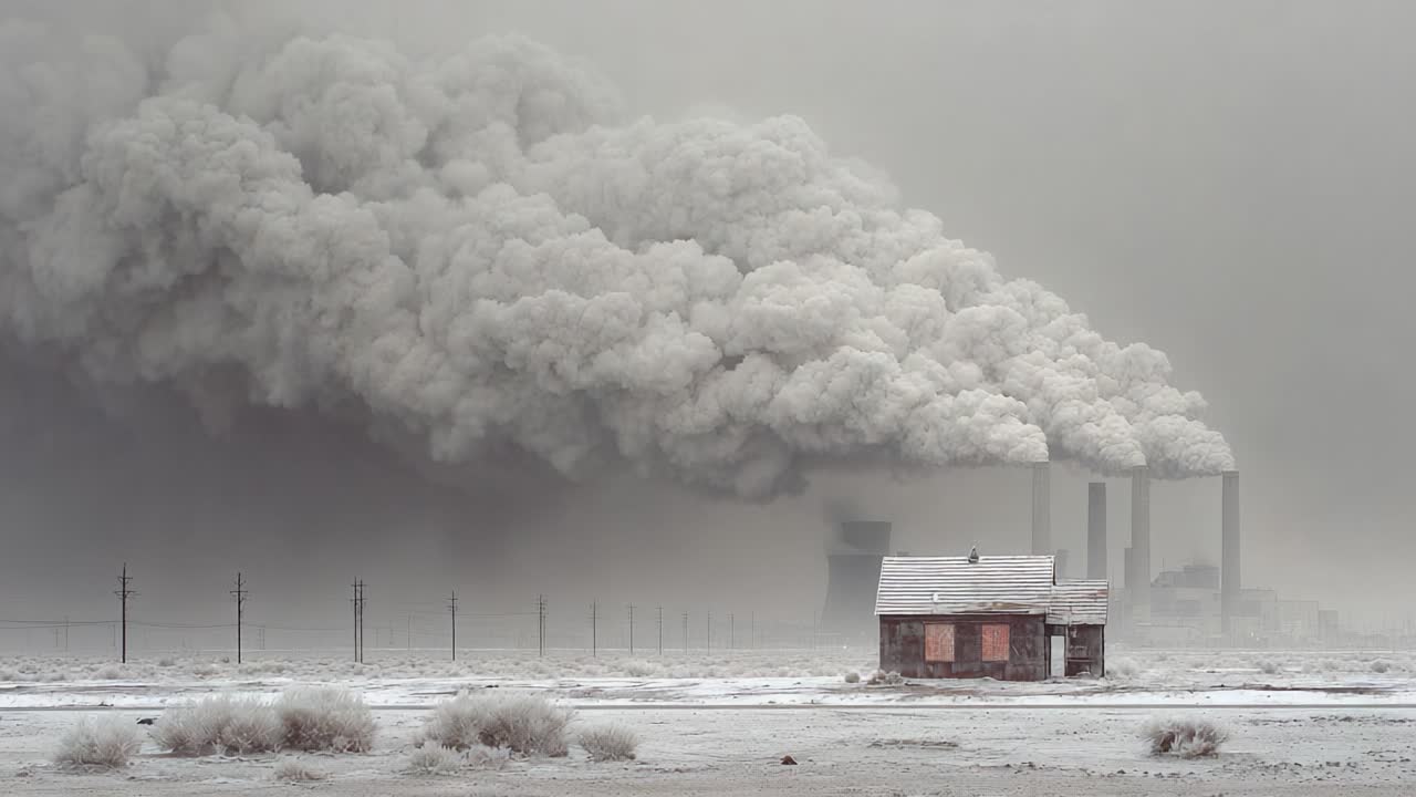 A Stark Contrast: An Isolated House Amidst the Industrial Smog and Pollution from Nearby Factories, Depicting the Environmental Impact of Heavy Industry