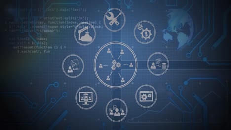 animation of network of icons over scopes scanning and data processing on screens