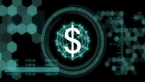 processing financial data, dollar sign and network connections over hexagonal patterns