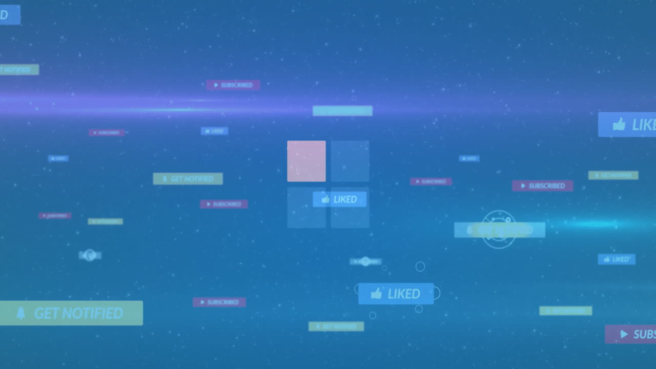 Animation of social media icons floating on blue background with light effects