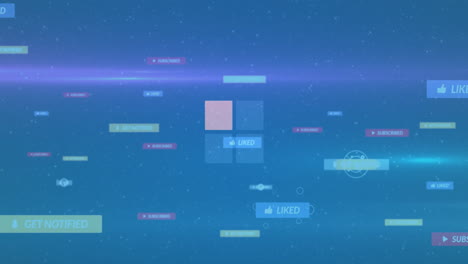 Animation of social media icons floating on blue background with light effects