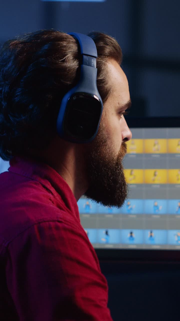 Video verticale. Un* freelancer modifica fotografie professionali e lavora nel suo studio di casa ascoltando musica.