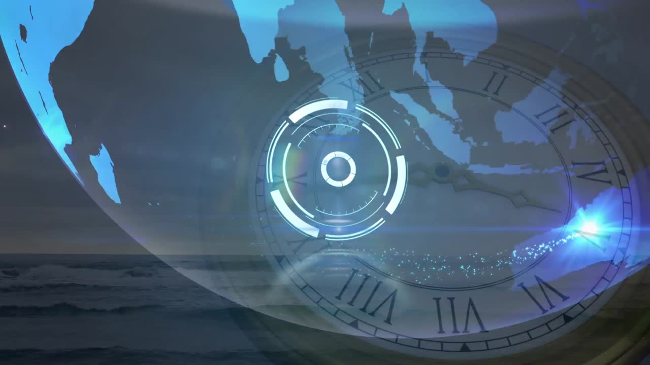 animación de escaneo de alcance sobre el globo, reloj móvil y mar