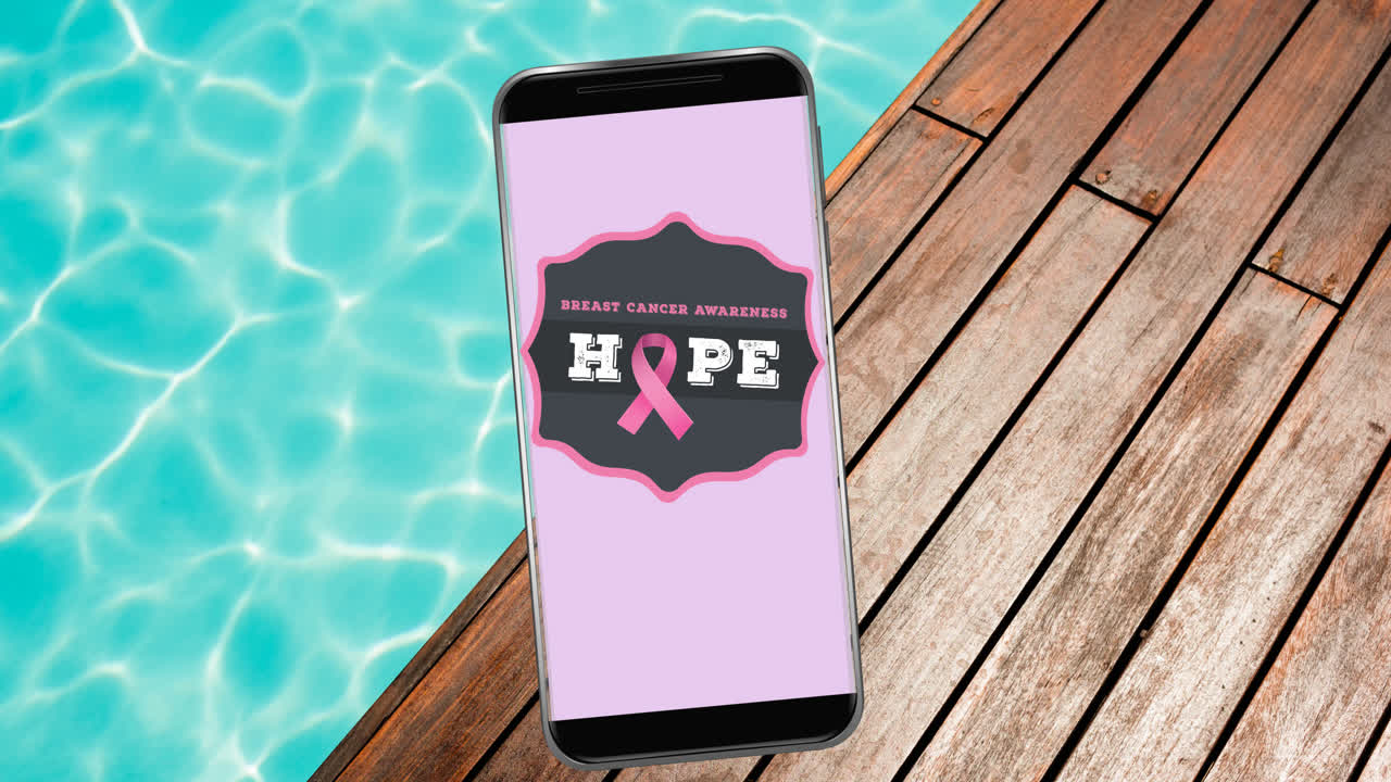 animación del logotipo de la cinta rosa del cáncer de mama con el texto del cáncer de mama en la pantalla del teléfono inteligente
