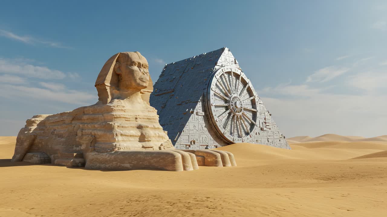 A Surreal Combination of Ancient and Futuristic Elements: The Sphinx and a Mysterious Pyramid in an Expansive Desert Landscape
