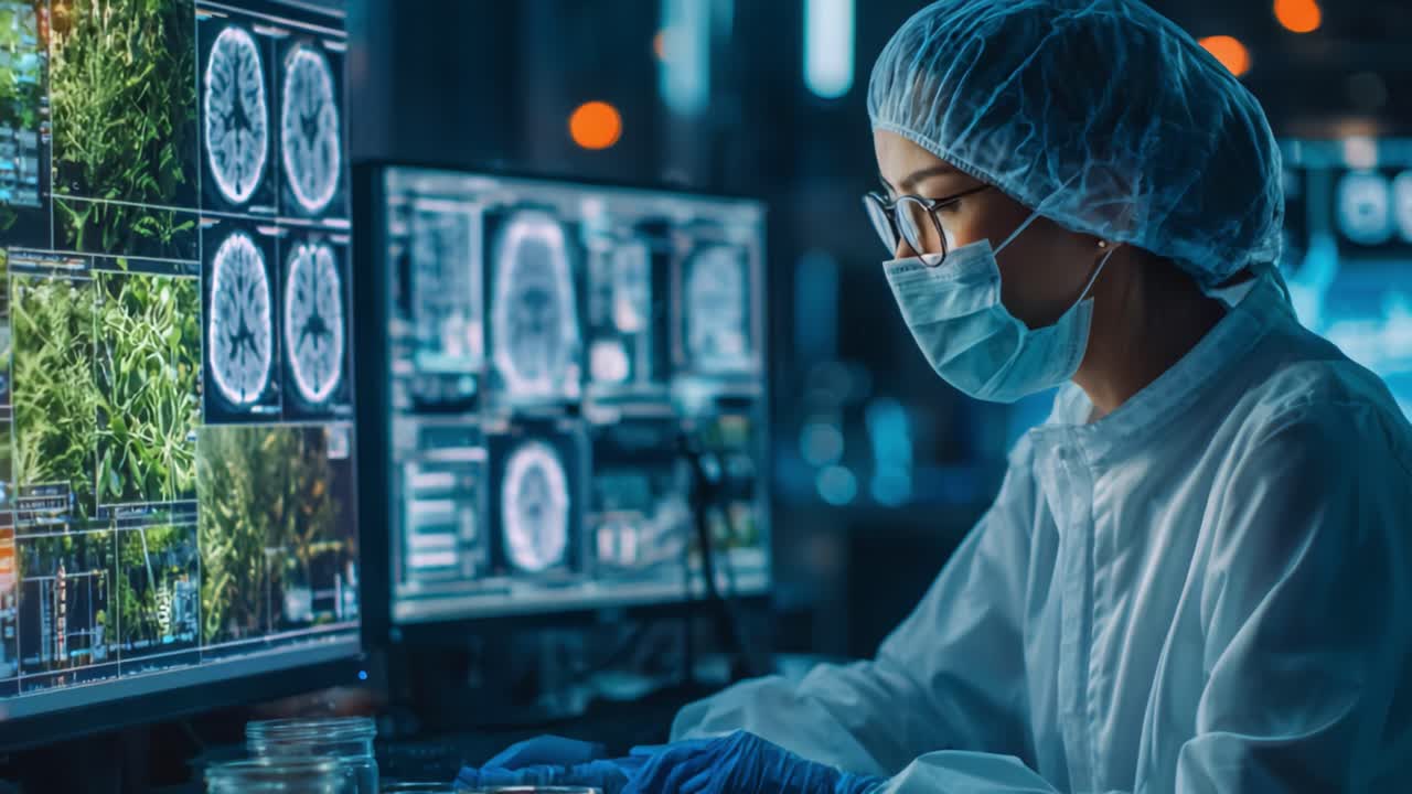 Focused researcher analyzing complex data in a high-tech laboratory, reviewing brain scans and botanical images while wearing protective gear for safety and accuracy
