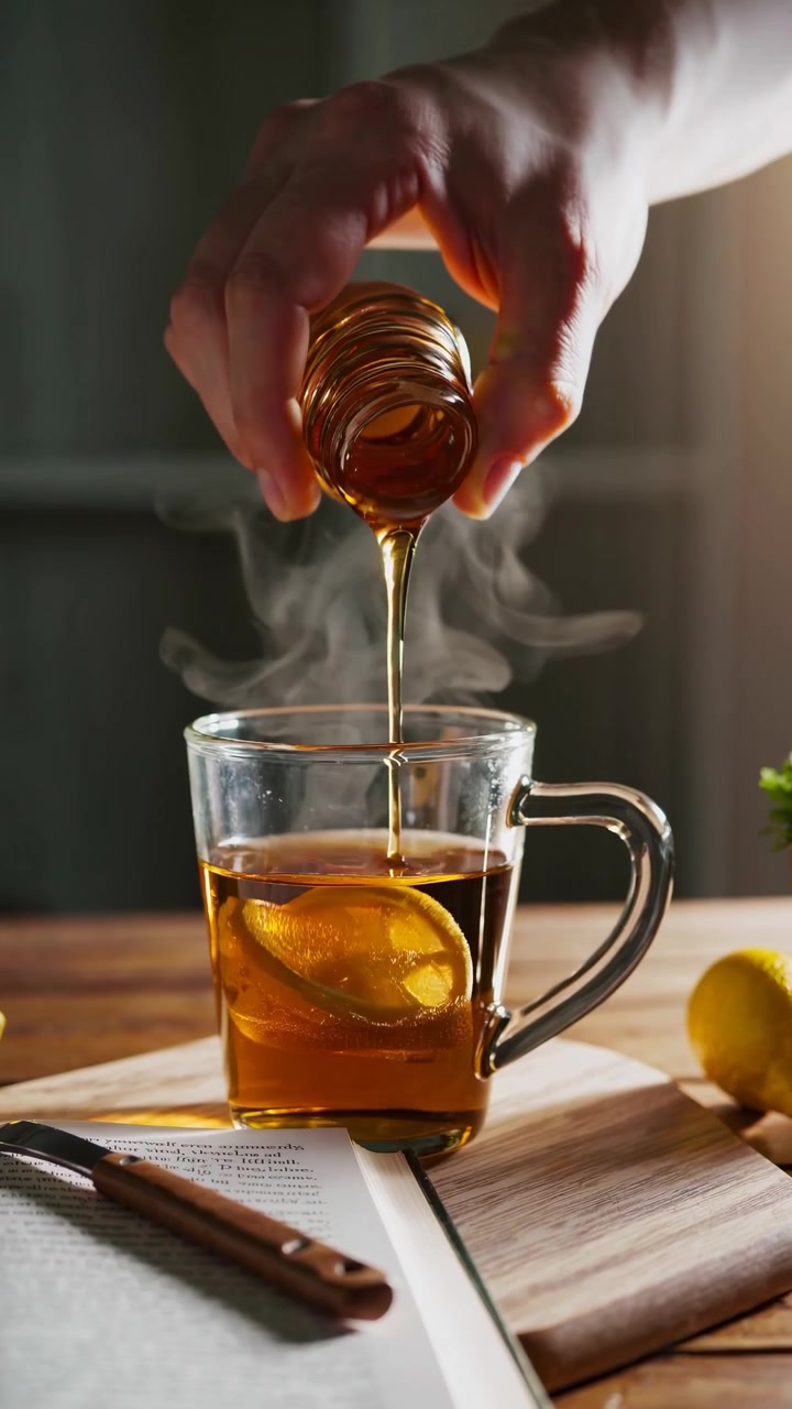 Mano che versa miele in una tazza fumante di tè al limone