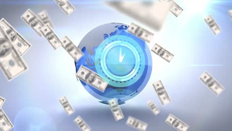 animation of moving clock over dollar bills and globe on white background