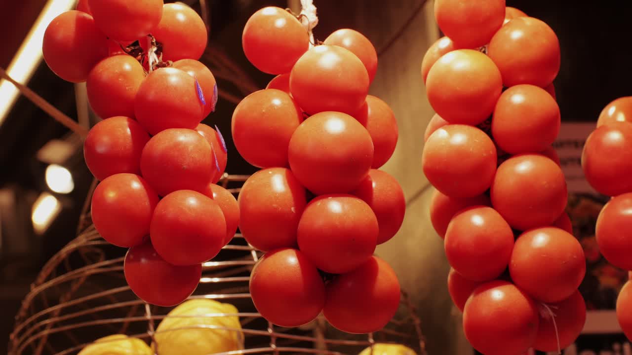 Closeup of bright red cherry tomatoes hanging in bunches, glowing under warm light in a garden setting