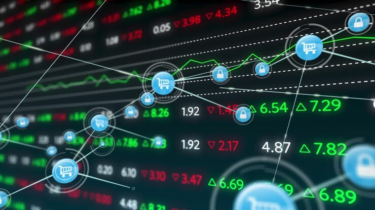 Animation of network of digital icons over stock market data processing against black background