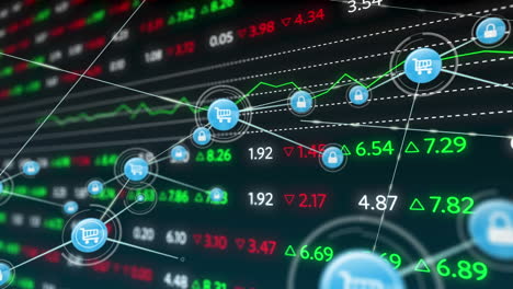 animation of network of digital icons over stock market data processing against black background