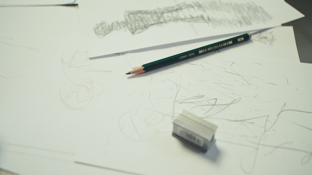 연필과 날카로운, 스케치 그림과 함께  ⁇  종이와 예술가 책상 위로 날아가는 카메라