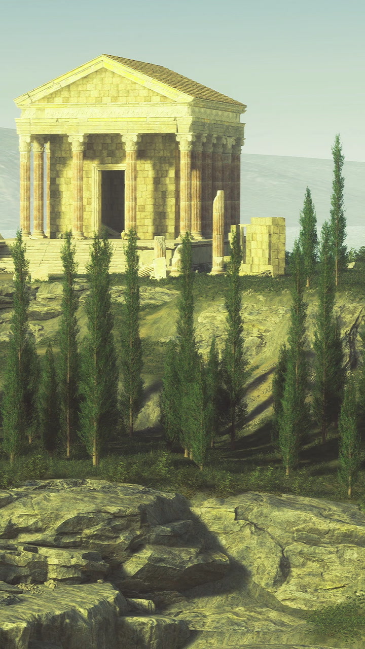 Ancient temple gleams under sunset light on a tranquil hillside scene