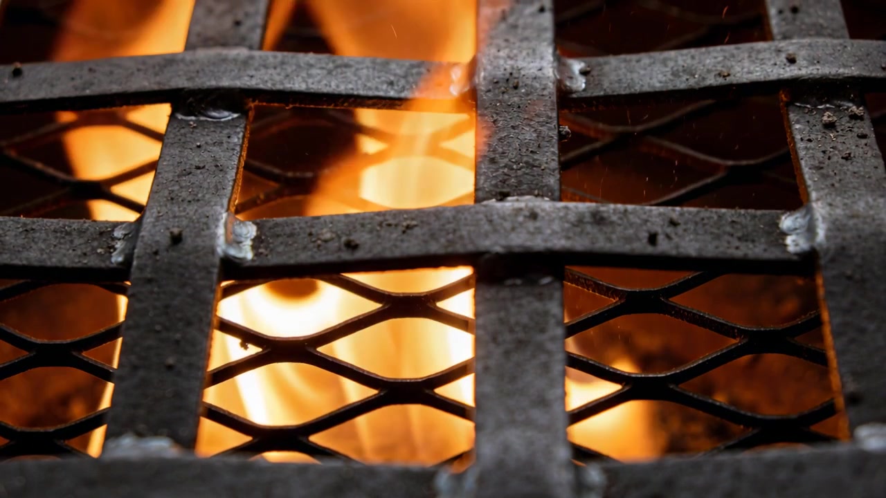 Fiamme tremolanti dietro una grata di ferro con maglie a rombo, che mostrano il combustibile che brucia e sale nel focolare fuligginoso.