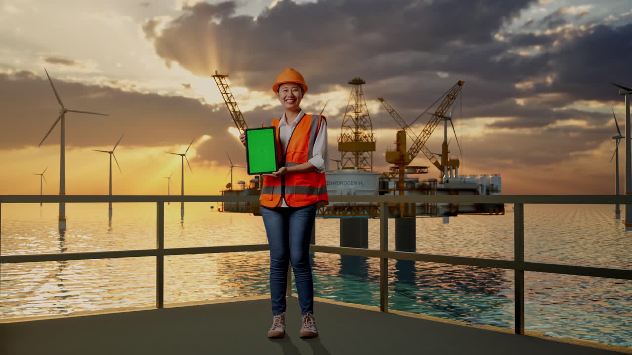 Full Body Of Asian Female Engineer With Safety Helmet Smiling And Showing Green Screen Tablet To The Camera With Hydrogen Production