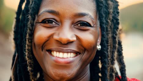 a close-up portrait of a beautiful african american woman with dreadlocks smiling at the camera
