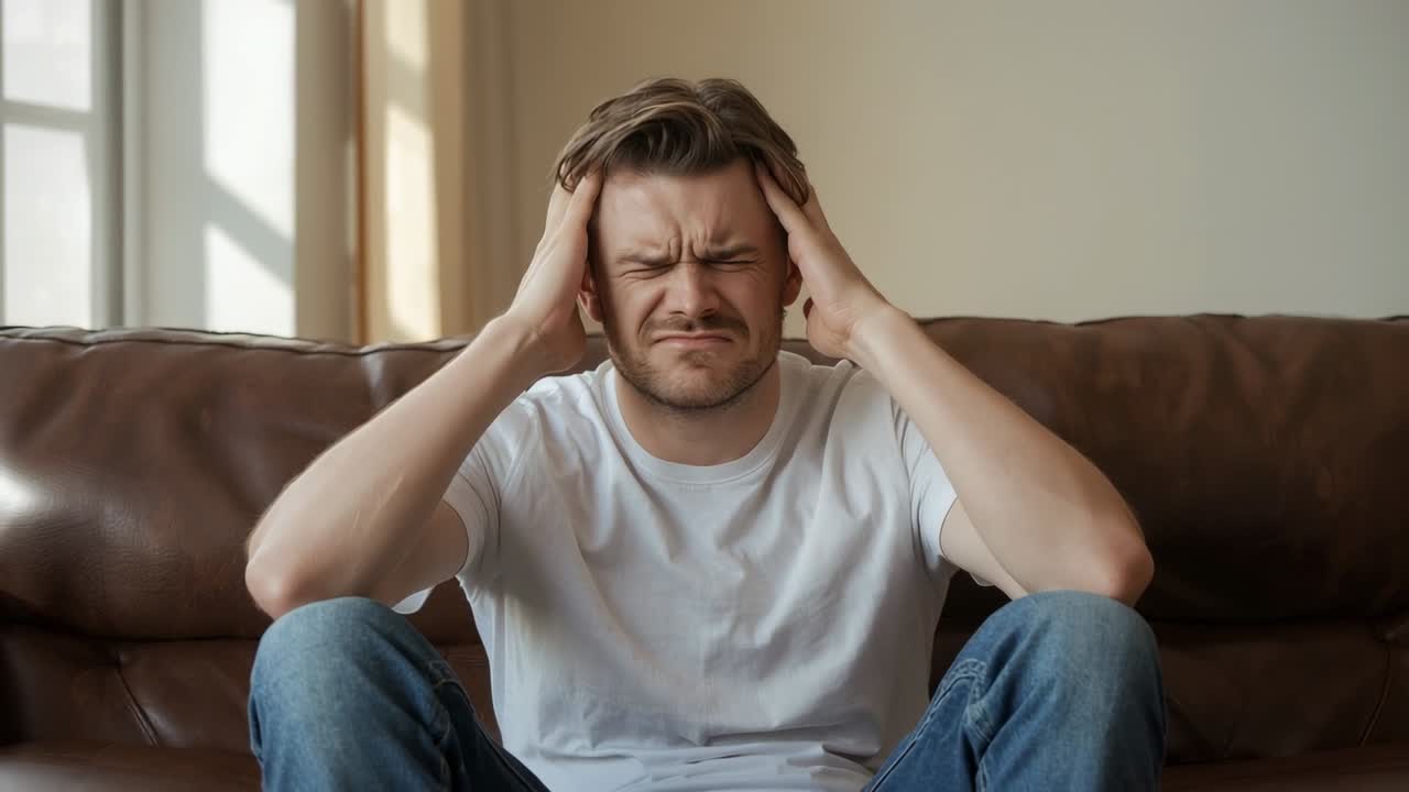 Feeling headache, man in white t-shirt pressing temples and exhaling on brown leather sofa at home