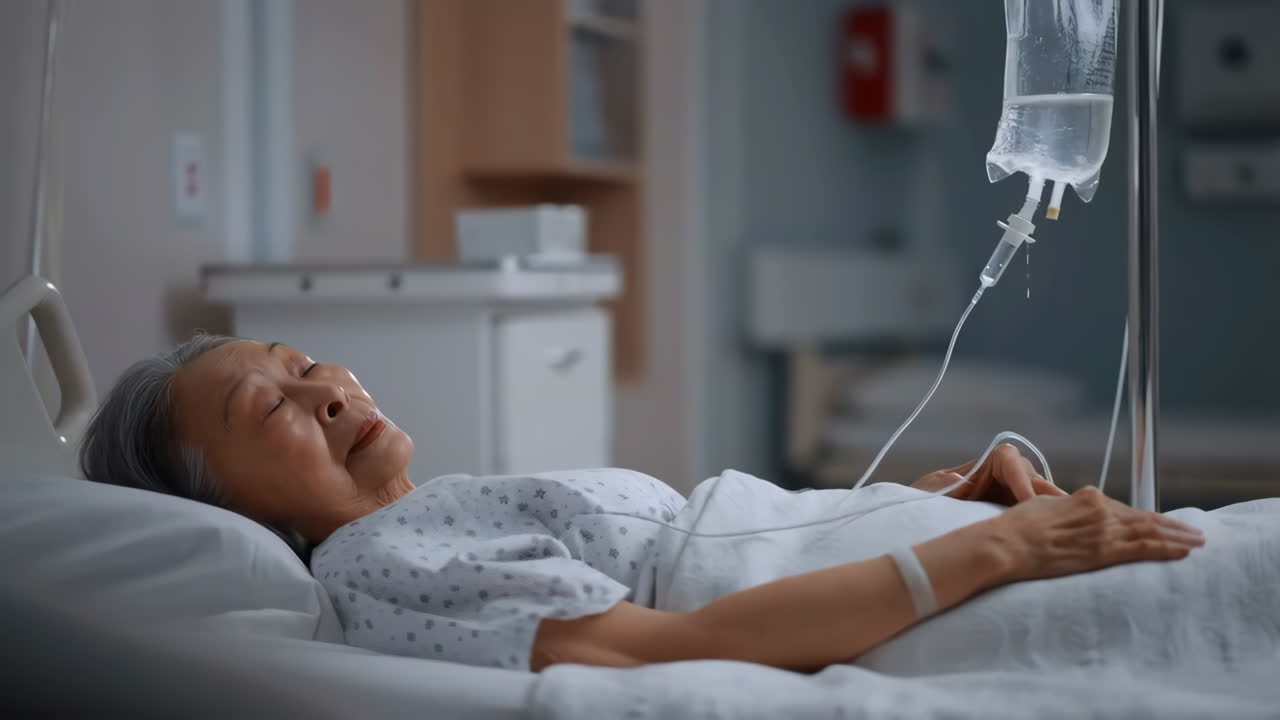 Elderly patient resting in a hospital bed with an IV drip
