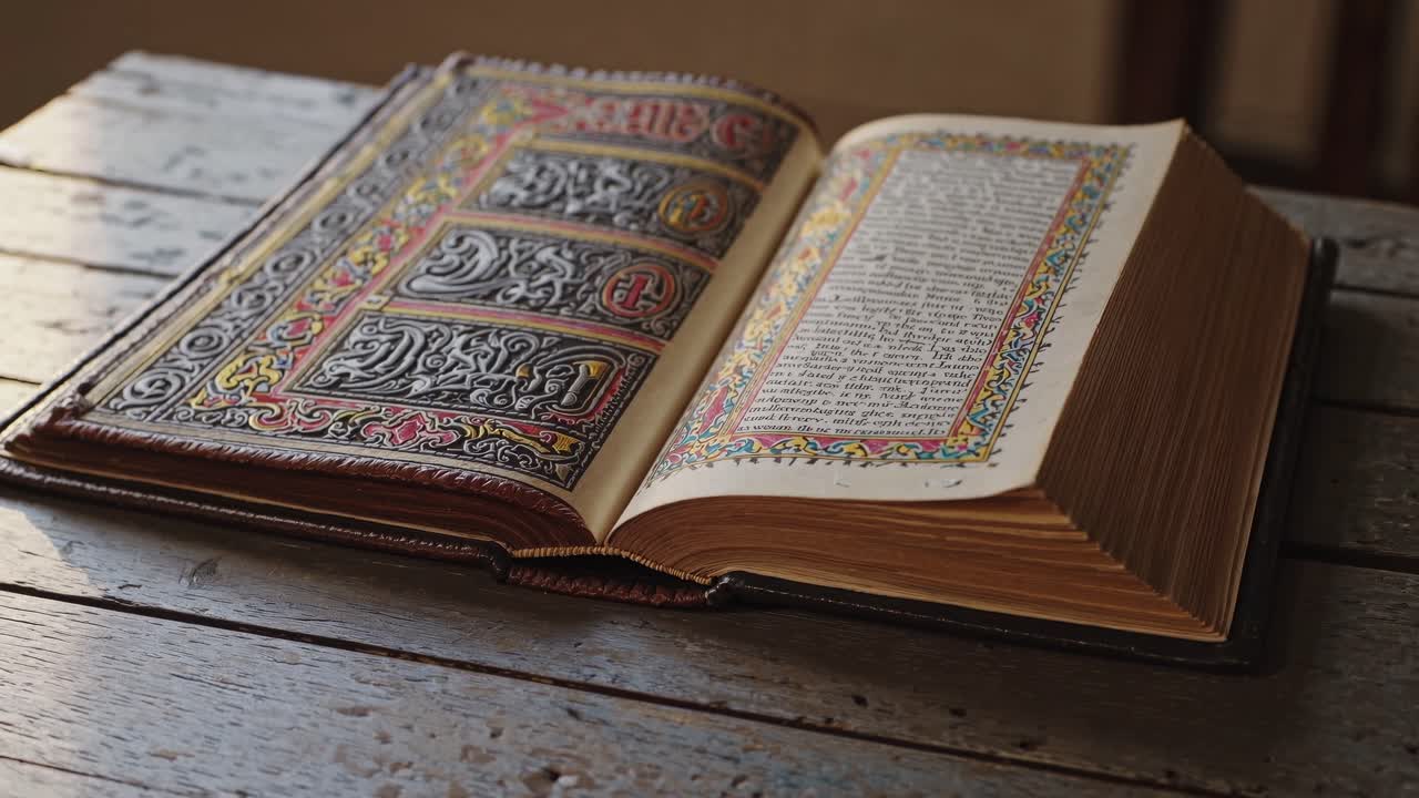 The video showcases an ancient, ornate book on a rustic wooden table, highlighting intricate details