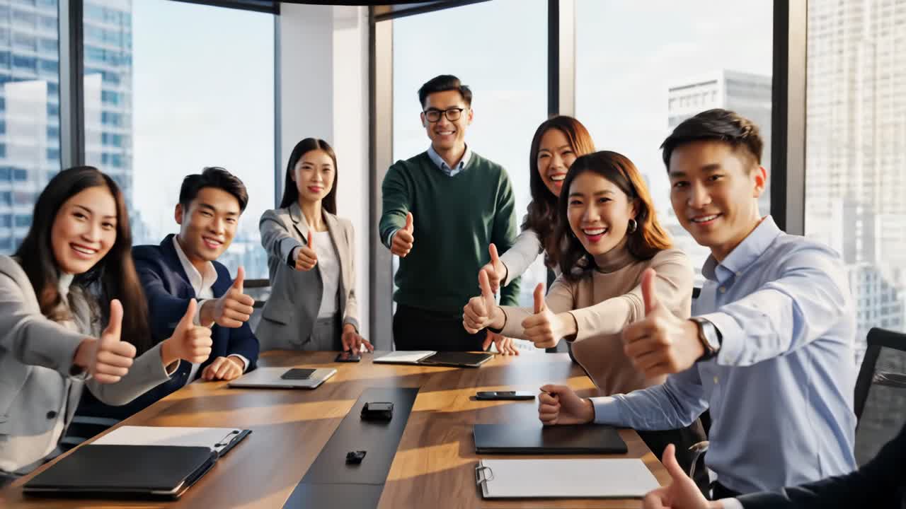 Successful Asian Business Team Giving Thumbs Up