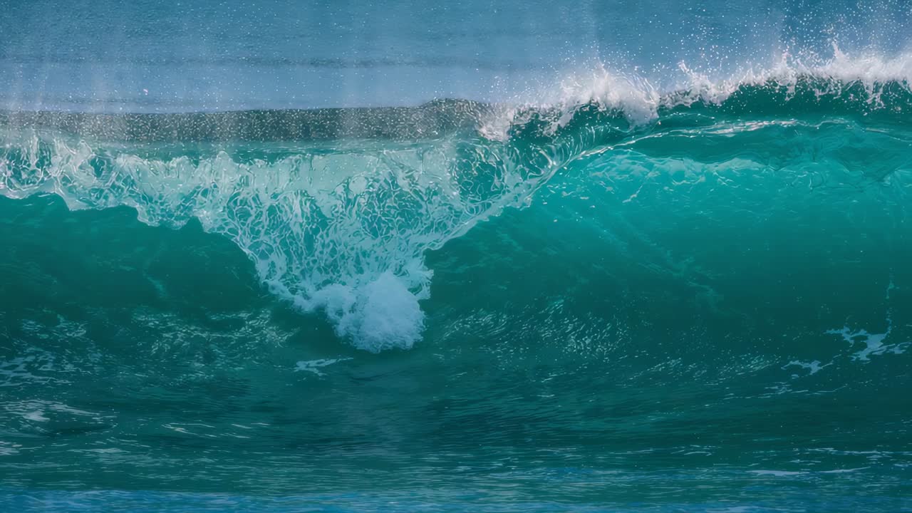 Rising ocean swell over shoal forming glassy face and curling into hollow barrel, with spray