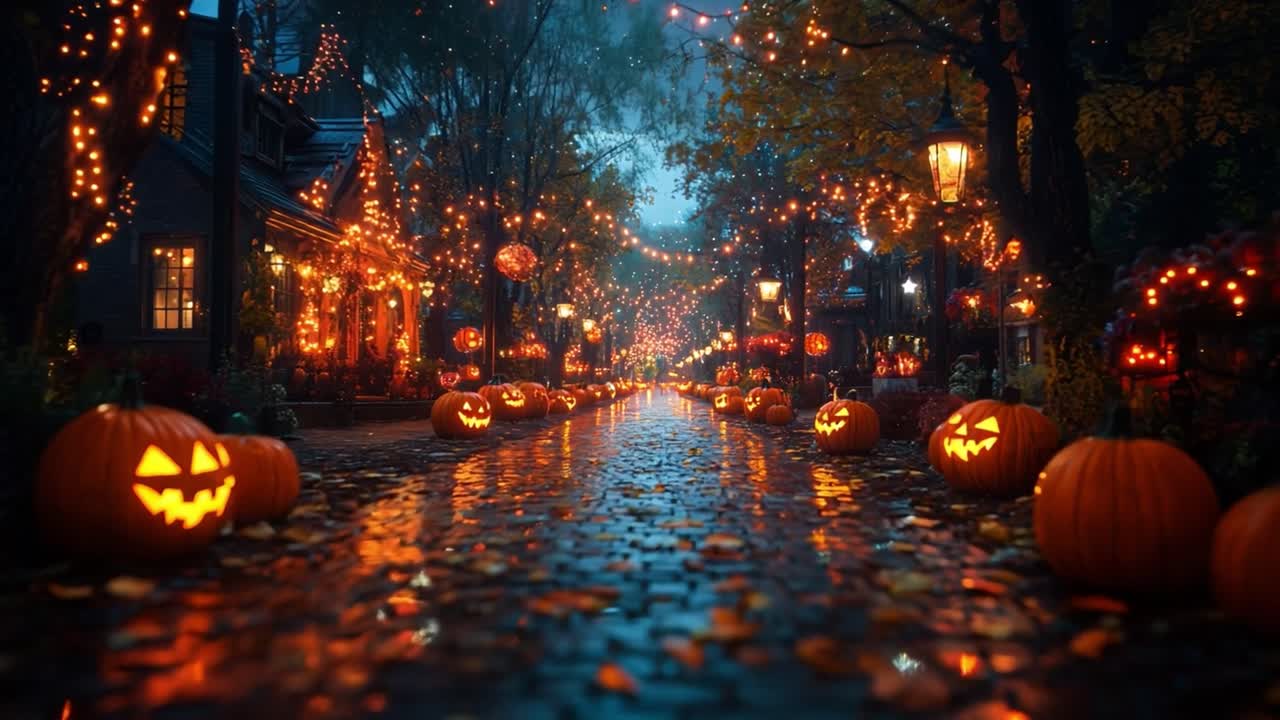 Halloween Street with Pumpkins and Lights