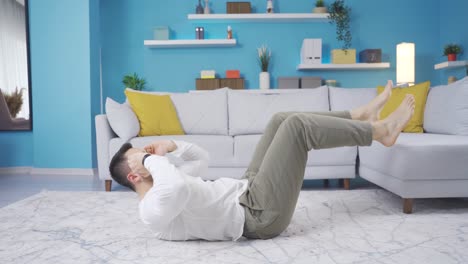 Fit fitness coach demonstrates crunch twist to pull abs.