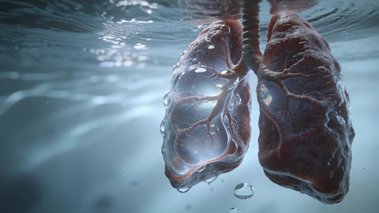 Polmoni dettagliati con trachea che formano sacche d'aria e rilasciano bolle in acqua limpida, con luce increspata.