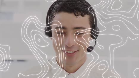 Animation-of-moving-lines-over-man-wearing-phone-headset