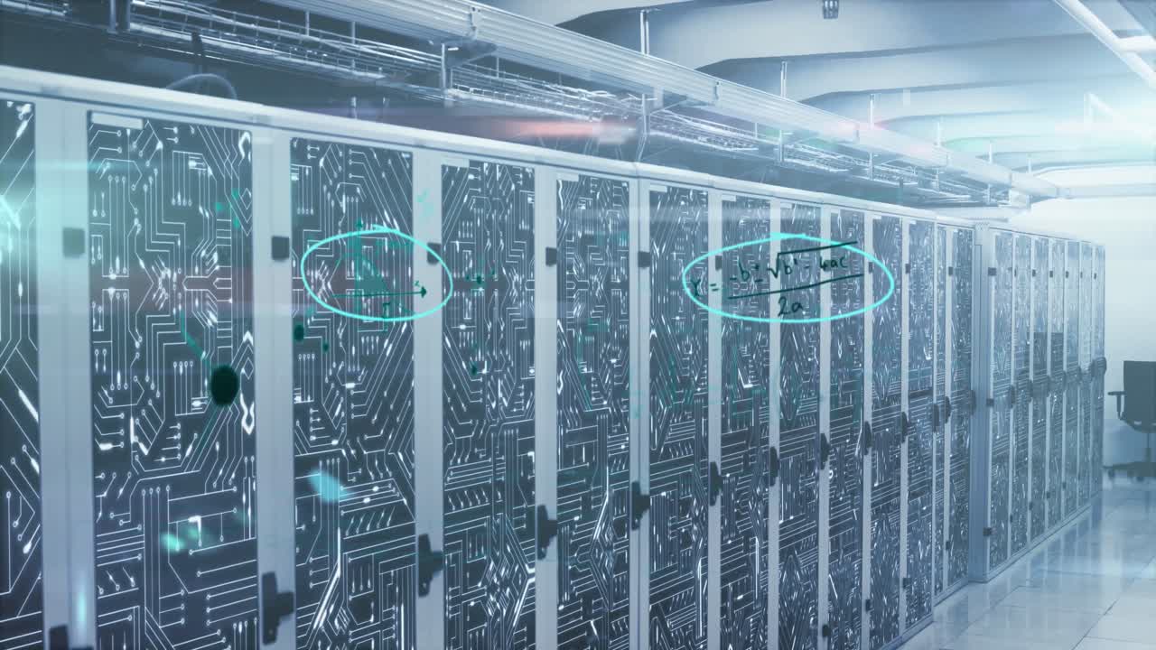 Mathematical equations and molecular structures against empty server room