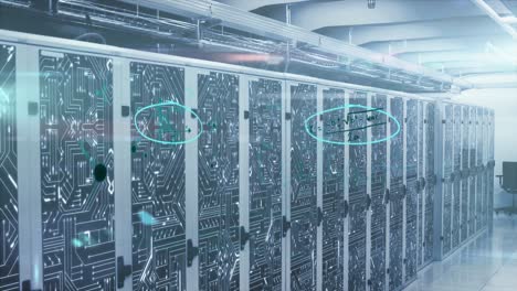 mathematical equations and molecular structures against empty server room
