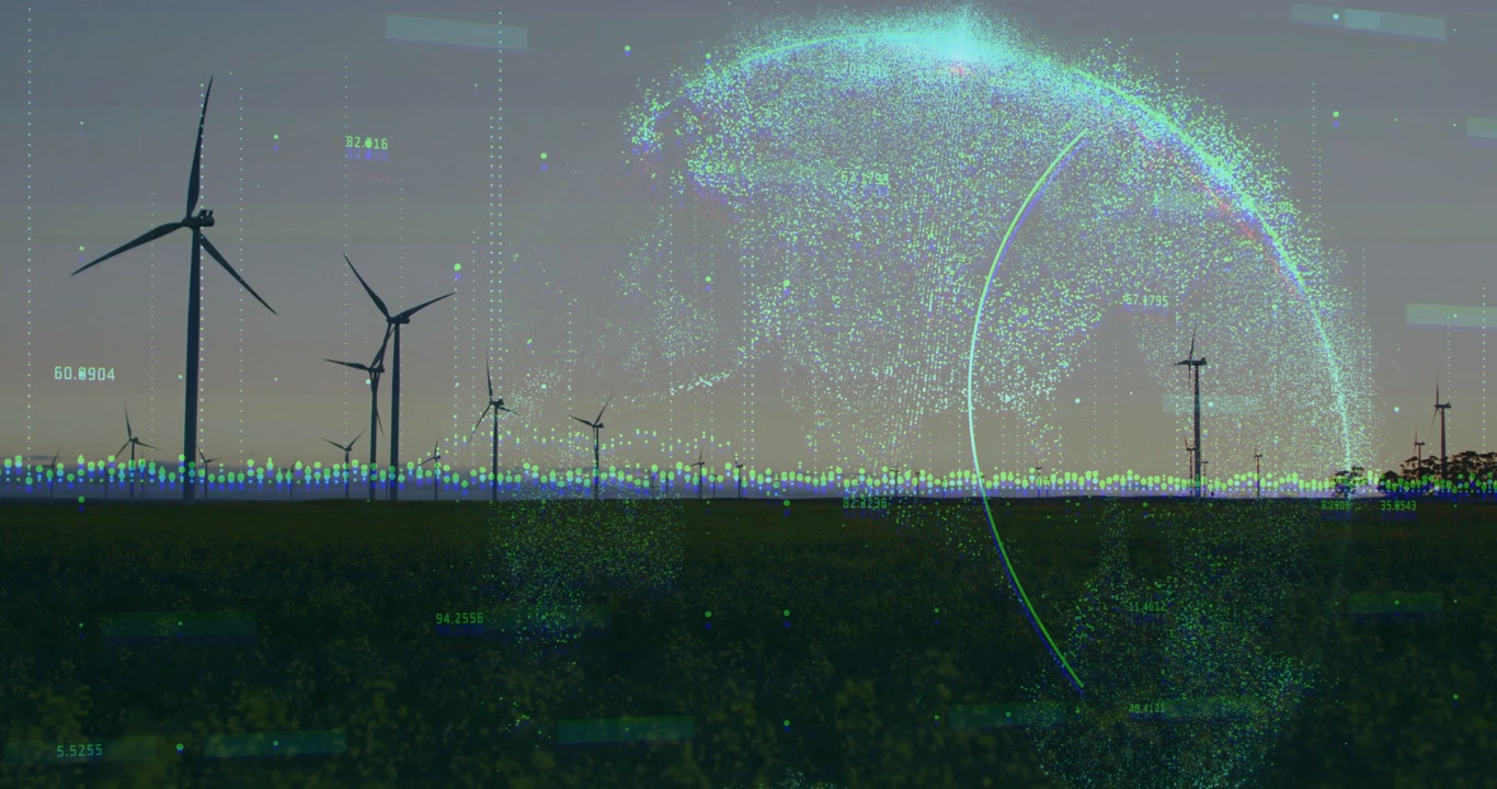 Flickering data points initiating globe over wind turbine row while visualizing live monitoring