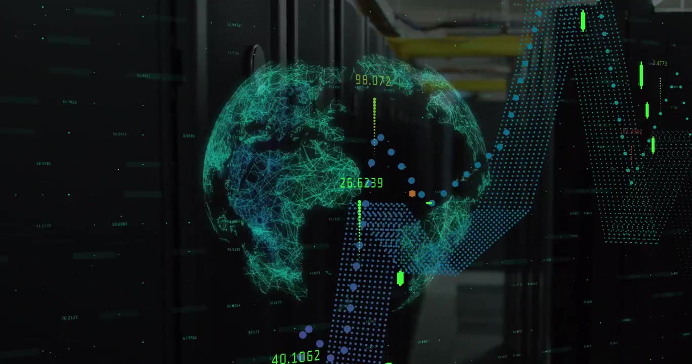Animation of globe and financial data processing over computer servers