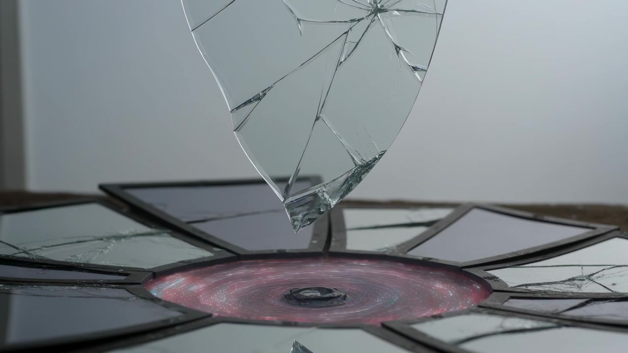 Svevende sprukket glasskår beveger seg nærmere over en speilmosaikk på et studiobord, disk skifter fargetone.