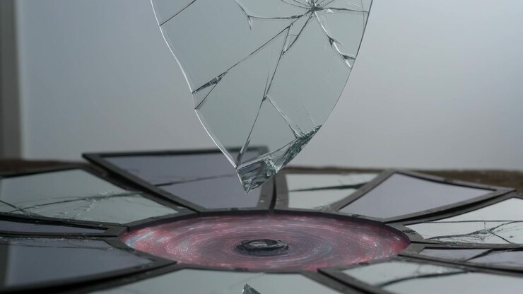 Hovering cracked glass shard moving closer above mirror mosaic at studio table, disk shifting hue