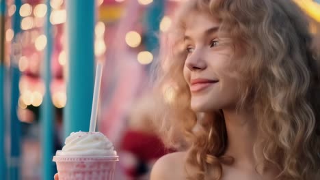 Young blonde woman with curly hair holding a milkshake with whipped cream and a straw, smiling and looking away at an amusement park with bokeh lights in the background