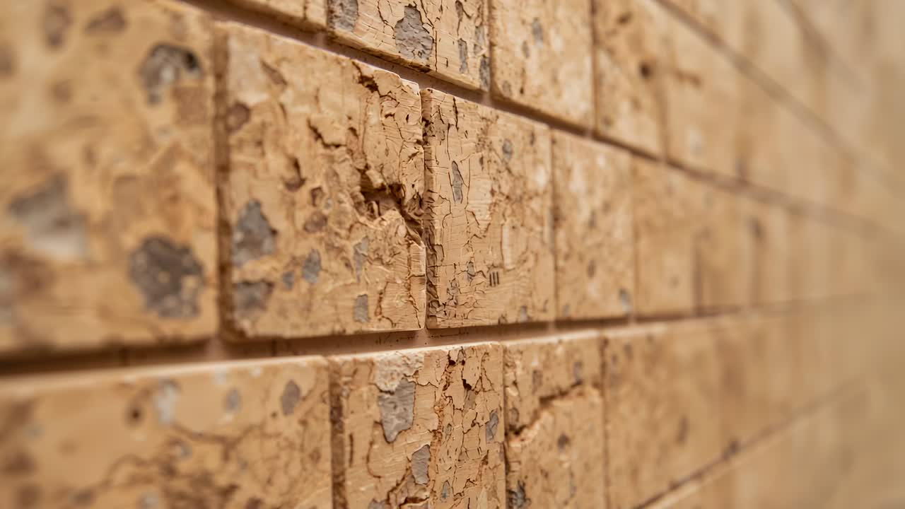 Moving camera sliding right, refocusing along tiled wall in corridor, revealing peeling chips holes