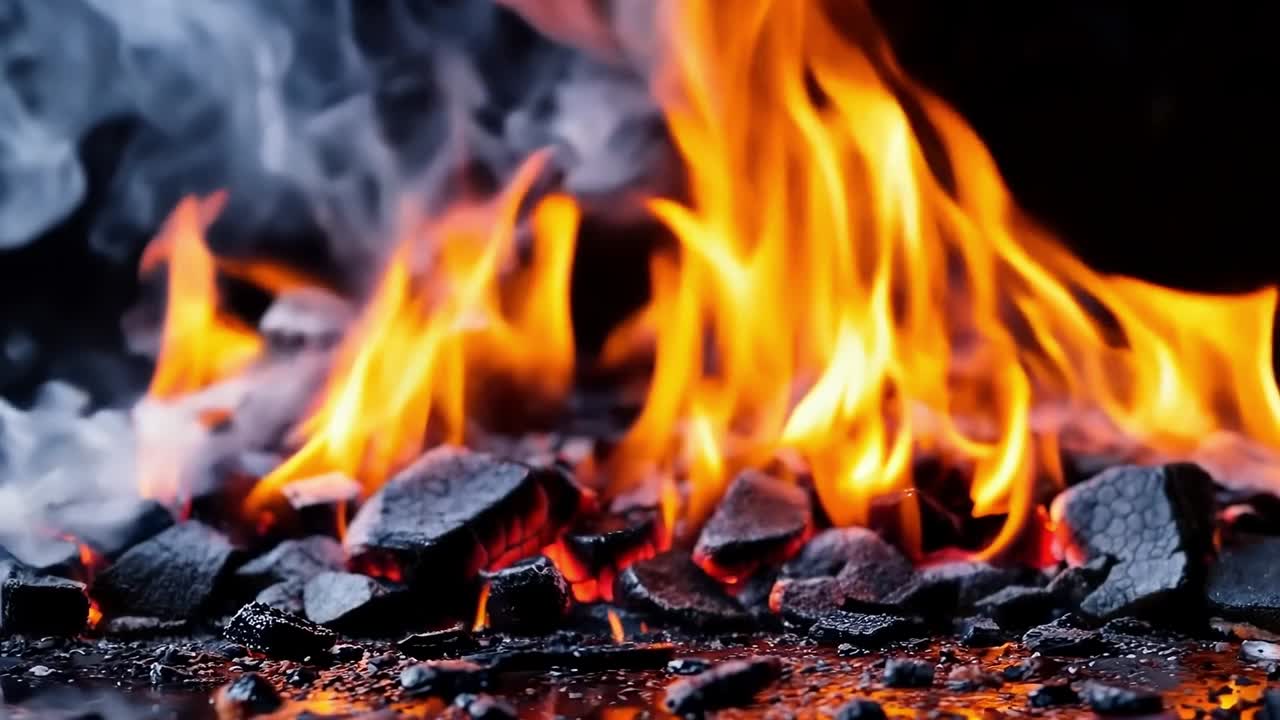 un primer plano de un fuego en una chimenea con un fondo negro
