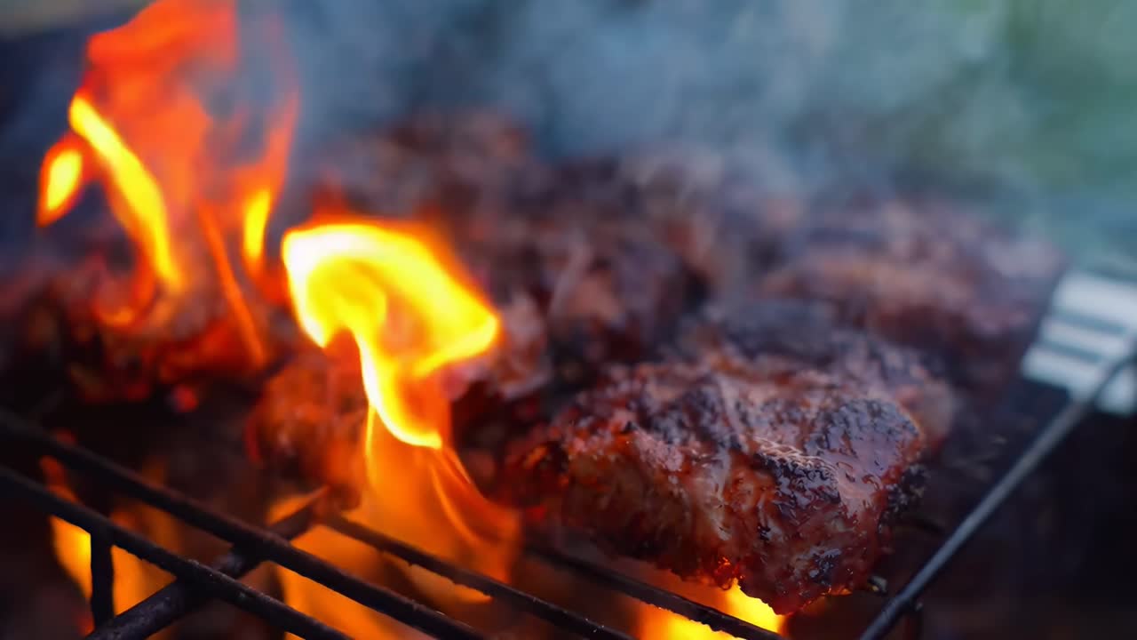 Close-up video of sizzling steaks on a grill, capturing the flames and smoke in vivid detail