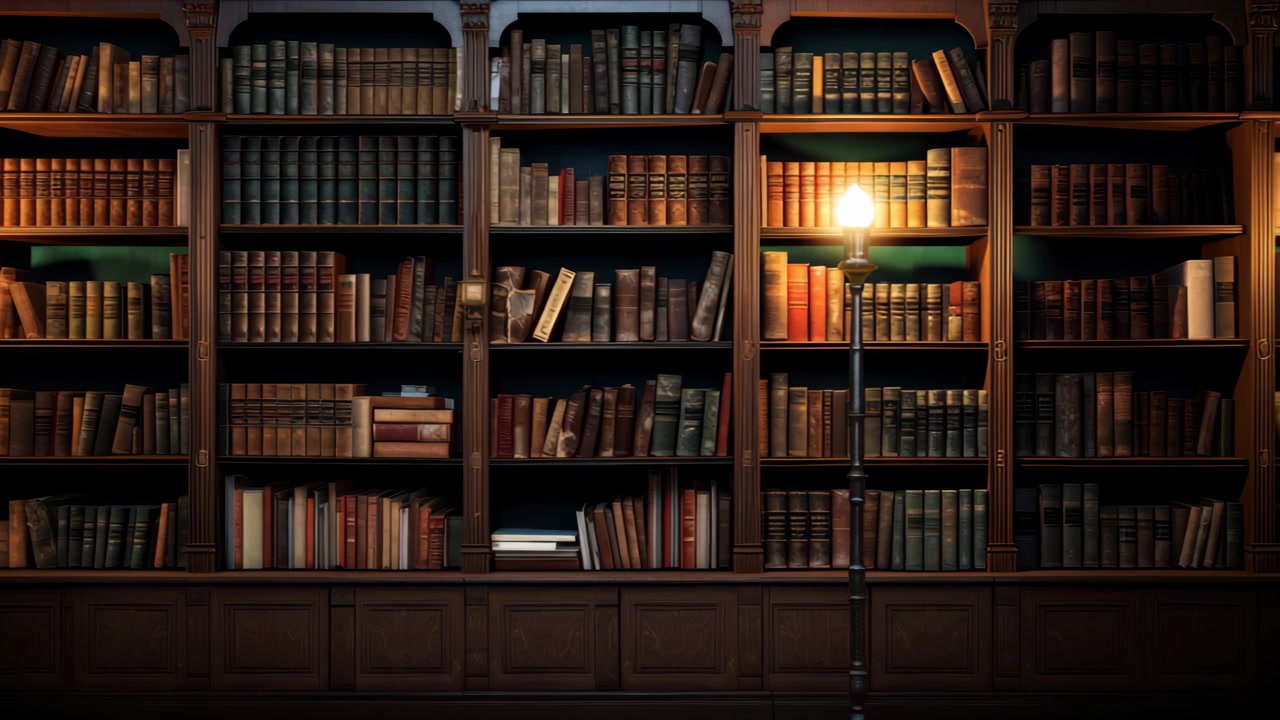Klassische Bibliotheksregale mit antiken Büchern und warmer Beleuchtung