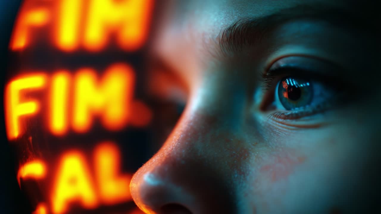 A Close-Up Perspective of an Enigmatic Gaze Illuminated by Glowing Colorful Letters Capturing the Essence of Motion and Creativity, Defining an Artistic Exploration of Filmic Imagery