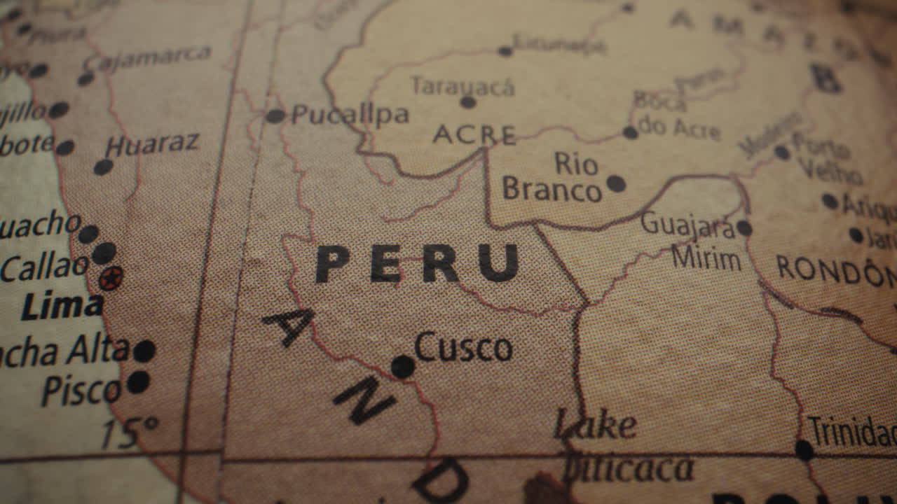 Close-up of a world map, focusing on Peru.