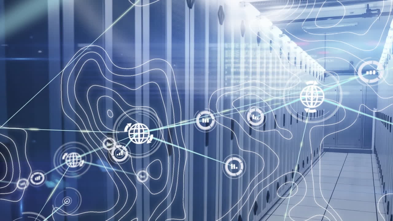 컴퓨터 서버와 함께 기술 방을 통해 연결 및 데이터 처리와 함께  ⁇  선의 애니메이션