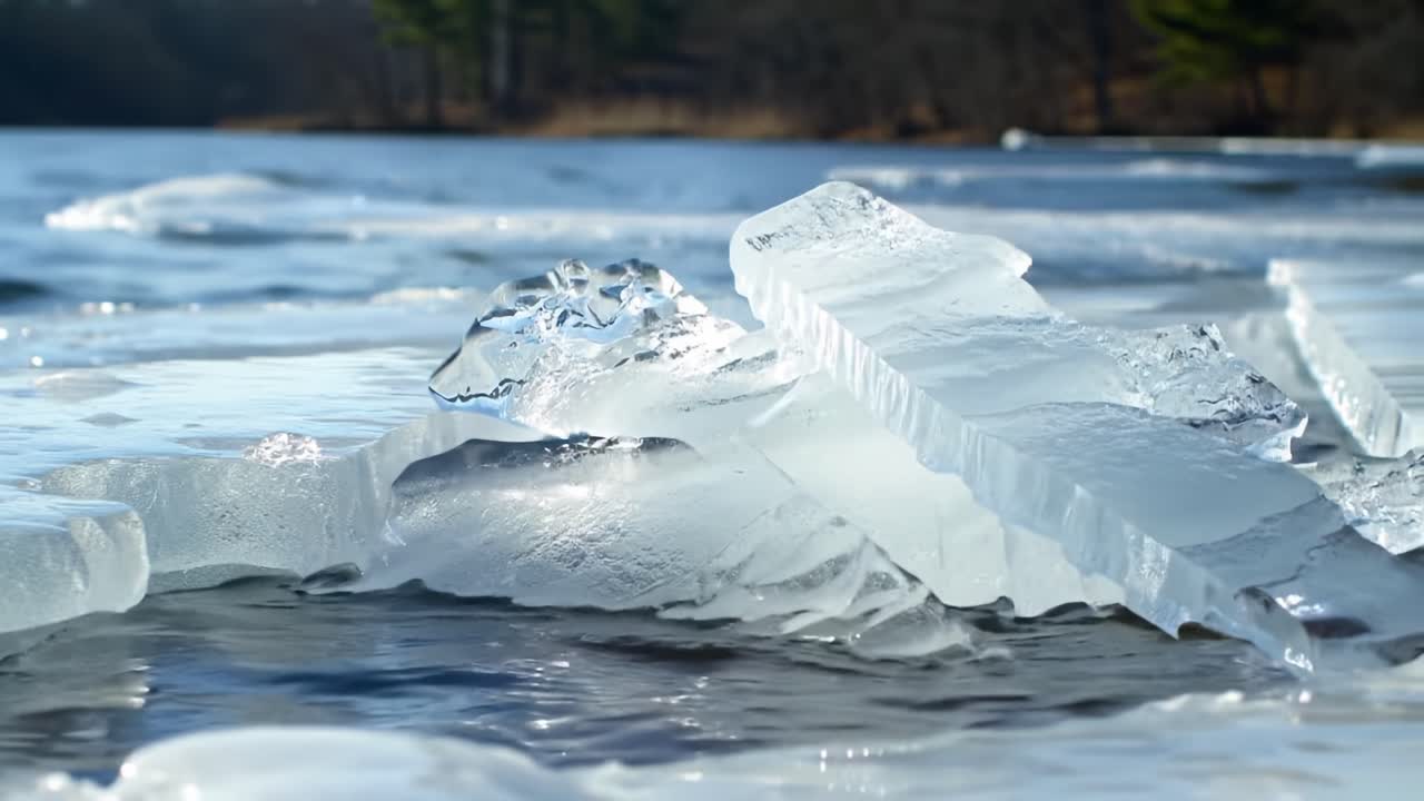 A Stunning Display of Nature's Ice Creations with Glimmering Ice Formations on a Tranquil Lake, Captured in Rich Detail and Clarity
