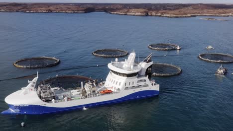 drone shot circumnavigating a fishing boat on a hebridean fish farm