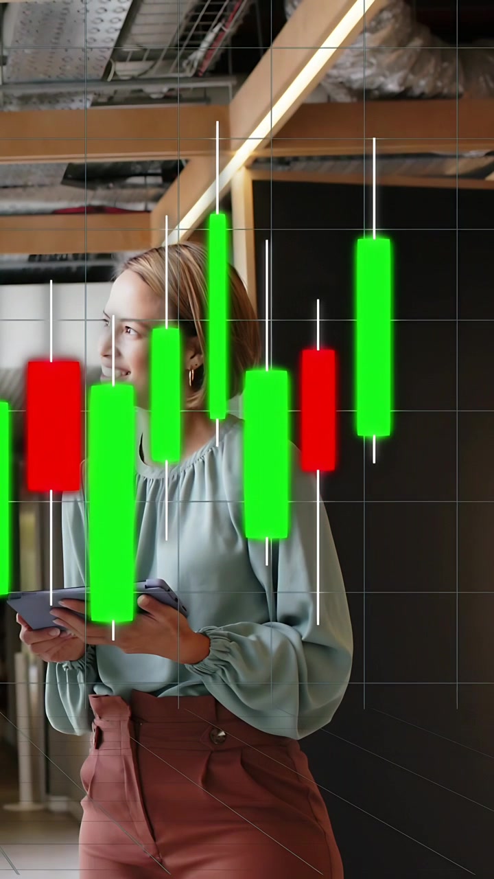Video verticale: Donna che tocca lo schermo del tablet e analizza un grafico a candele di borsa sovrapposto al centro.