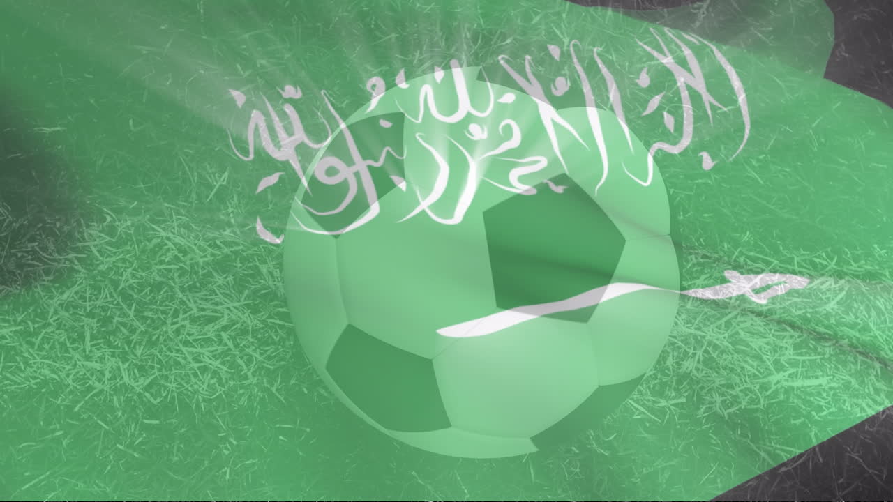 animación de la bandera de arabia saudita sobre una pelota de fútbol
