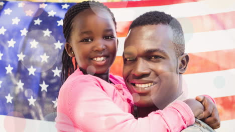 animation of male soldier embarcing his daughter over american flag