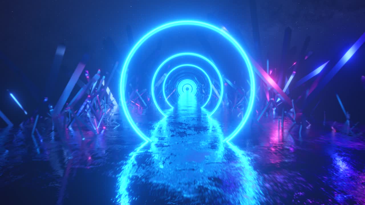 vuelo asbractic, forma de anillo de luz de neón, paisaje espacial misterioso, vuelo hacia adelante a través del corredor de cristales, realidad virtual, espacio exterior, panorama estelar. bucle sin costuras 3d render